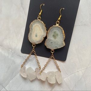 White Solar Quartz and Raw Rose Quartz Hanging Chain Gold Earrings